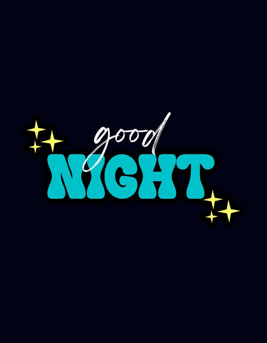 A képen egy "good night" feliratot látunk modern, dinamikus betűstílusban, melyet csillagok díszítenek egy éjszakai égbolt hátterén. 