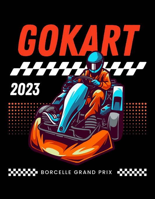 Egy dinamikus gokart versenyzőt ábrázol a kép, teljes sebességre kapcsolva. Az energikus narancs és kék színek, valamint a "GOKART" felirat lendületes hangulatot árasztanak. 