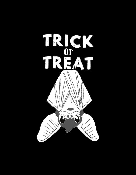 Egy aranyos, szellemnek öltözött karaktert ábrázol a kép, aki a "Trick or Treat" (Csokit vagy csalunk) felirat alatt kandikál elő. A dizájn egyszerű, letisztult monokróm színekkel készült, tökéletesen megfelelő a Halloween hangulatának megteremtéséhez. 