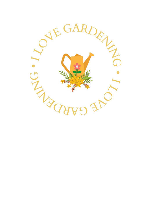 Egy aranyos, kerti hangulatot árasztó locsolókanna látható a képen, melyet színes virágok és zöld növények ölelnek körbe, felette a kedves üzenet: "I LOVE GARDENING". 