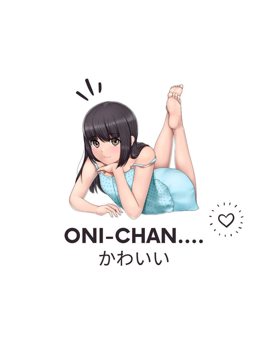 Egy anime stílusú karakter látható, aki az "ONI-CHAN... かわいい" szöveget tartalmazza és kedves gesztussal fordul a néző felé. 