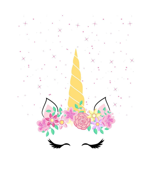 Álomszép unikornis fej motívummal díszített design, melyen virágkoszorú és csillámok teszik még különlegesebbé az arany szarvú unikornist. 