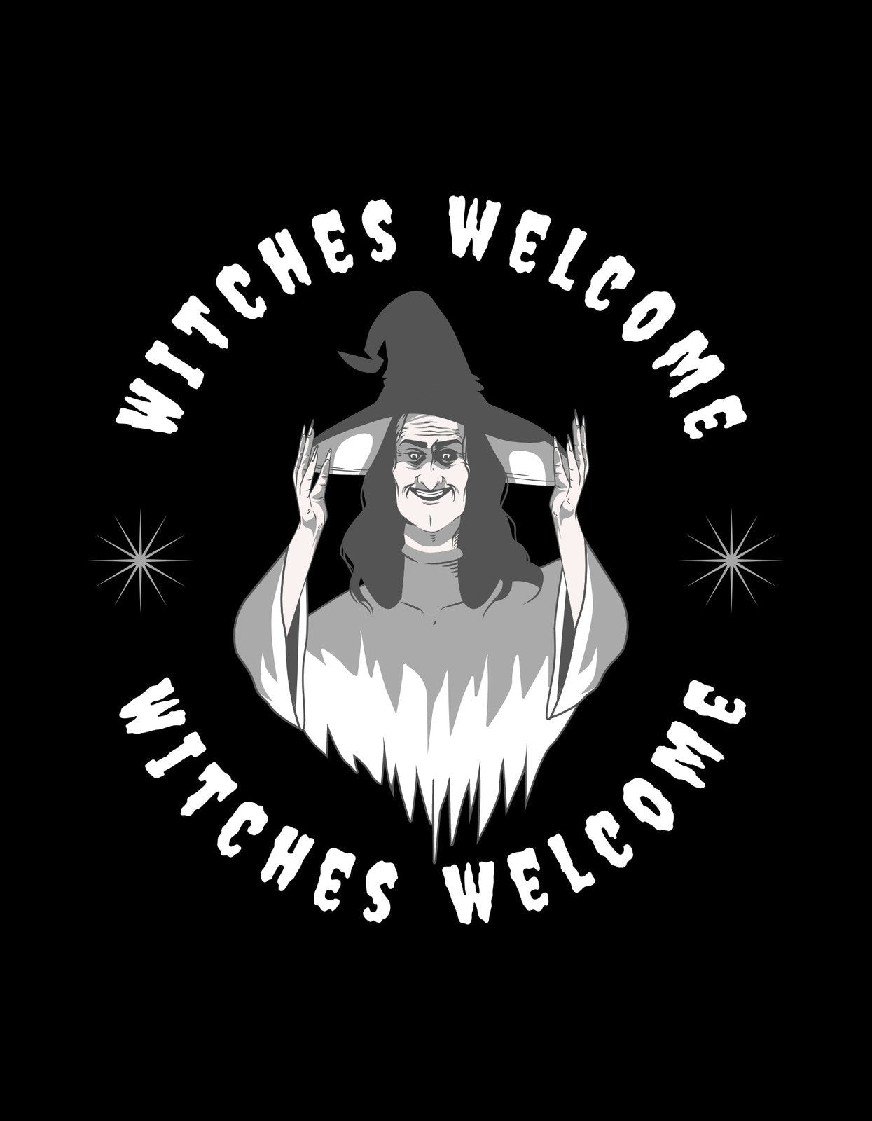 Egy mosolygó boszorkány képe, aki boszorkánysüveget visel, és a "WITCHES WELCOME" szöveget formálja kezeivel körbe, csillagokkal díszítve a hátteret. 