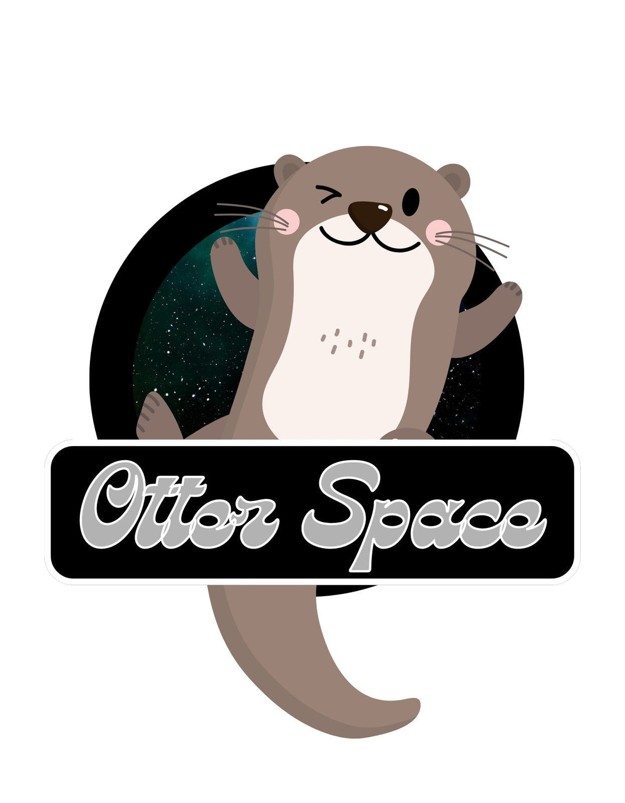 Egy vidám mosolygó vidra űrhajós jelmezben, az "Otter Space" szóviccel a középpontban. Körülötte csillagokkal teli éjszakai égbolt látható. 