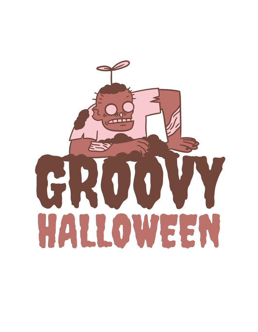 Egy zombi fejet ábrázoló kép egy vicces csavarral – a zombi fején egy propeller található, és a "Groovy Halloween" szöveg hozzáad egy laza, vidám hangulatot az ünnephez. 