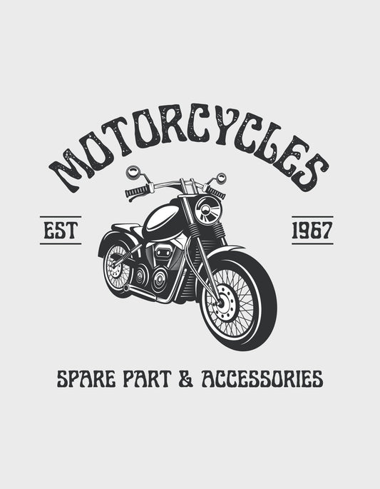 Egy klasszikus kinézetű motorkerékpár ábrázolása, melyet körülölel a "Motorcycles EST 1967" felirat és az "Spare Part & Accessories" alcím.