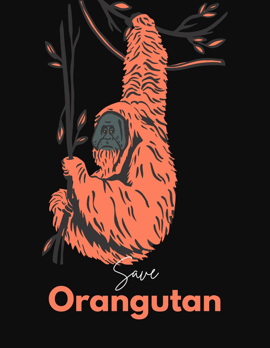 Egy faágon lógó narancsszínű orangután grafikával készült design, amelyet a "Mentsük meg az orangutánt" felirat egészít ki, hangsúlyozva a természeti és vadon élő állatok védelmének fontosságát. 