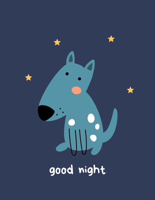 Egy aranyos kék kutya, csillagos éjszakai égbolt alatt, a "good night" felirattal együtt, derűs hangulatot áraszt. 