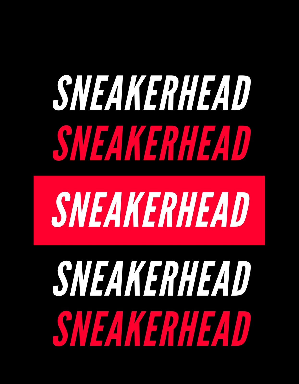 A képen a "SNEAKERHEAD" szó többször ismétlődve jelenik meg fekete háttérrel, fehér és piros színekben, dinamikus és trendi kialakításban. 