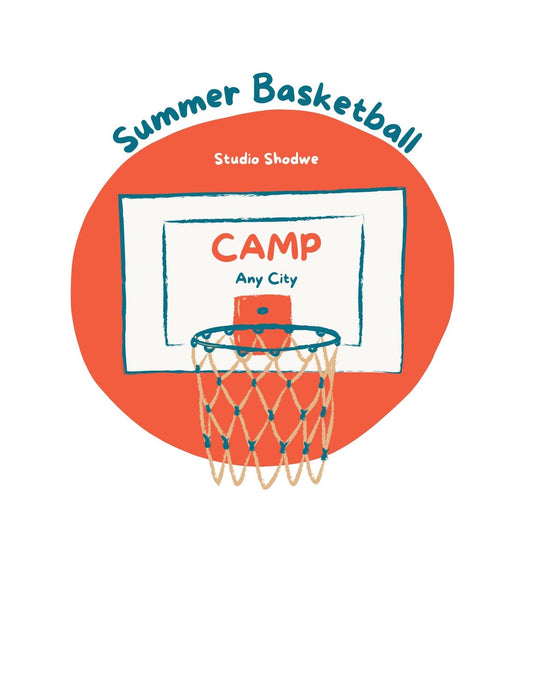 A képen egy kosárlabda palánk szerepel, amely egyszerűségével és letisztult vonalaival hozza el a nyári sportolás hangulatát. A narancssárga háttérkel és a "Summer Basketball Camp" felirattal tökéletes választás lehet sportos viseletre. 