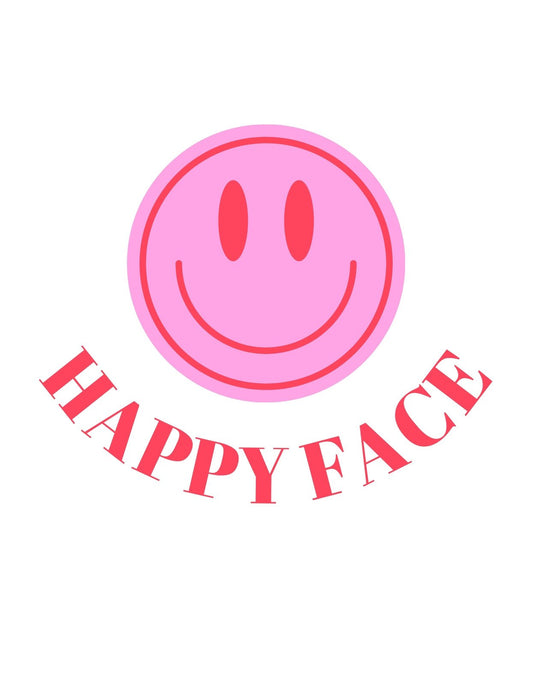 Egy mosolygós, rózsaszín arc látható, szemei és szája békés, boldog kifejezést sugároz. Az arc alatt vörös színű "HAPPY FACE" felirat húzódik megívve. 