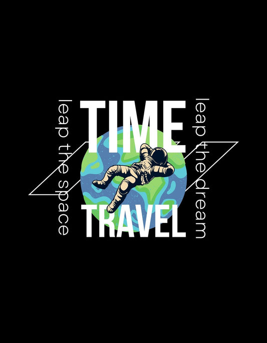 Egy űrhajós lebeg a világűrben, a Föld a háttérben, és az "Time Travel" szöveg dominálja a kép teret. A design modern és kalandvágyó hangulatot áraszt. 