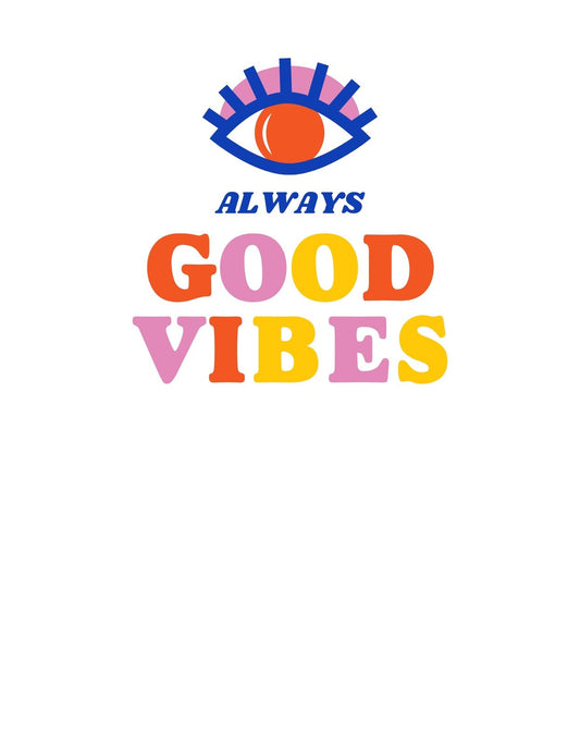 Egy szem formájú embléma, melynek közepén egy narancssárga nap található, körülötte a "ALWAYS GOOD VIBES" szöveggel, ami pozitív hangulatot sugároz. 