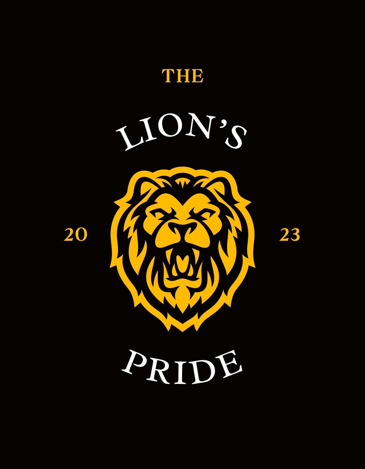 Egy markáns, sárga oroszlánfej látható a képen, melyet stilizált vonalak alkotnak a fekete háttér előtt. A fej felett és alatt "The Lion's Pride 2023" felirat olvasható.