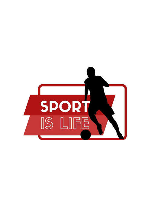 Egy dinamikus labdarúgó sziluettje látható, amint éppen labdával a lábánál fut, a háttérben pedig egy piros színű felirat hirdeti, hogy "SPORT IS LIFE" (a sport az élet). 