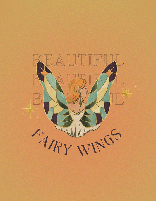 Varázslatos tündérszárnyak egy szelíd térképábrázoláson, körbevéve a "BEAUTIFUL FAIRY WINGS" felirattal arany csillagszórókkal megspékelve. 