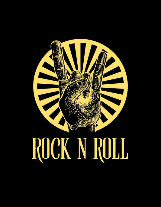 A képen egy stilizált "rock and roll" kézjel szerepel, amit aranyszín kontúrral és egy sárga napsugár mintával emeltek ki. A kézjel alatt díszes betűtípussal "ROCK N ROLL" felirat látható. 