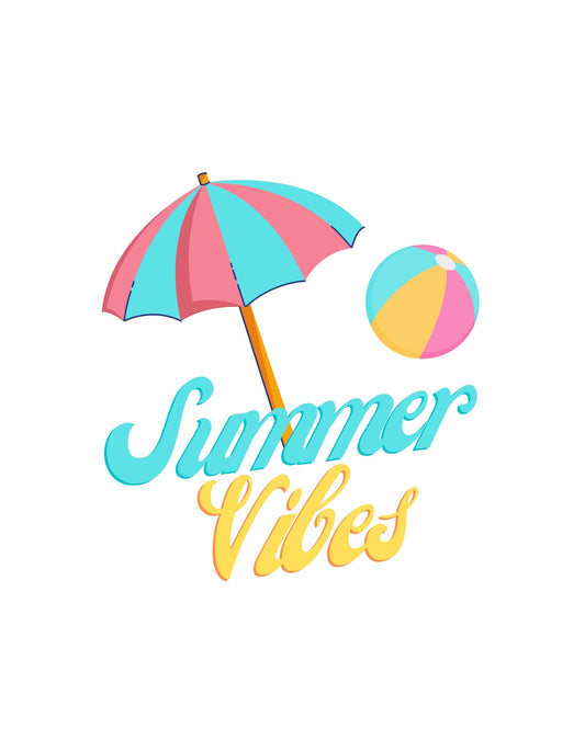 Egy színes napernyő és egy strandlabda látható, alattuk a "Summer Vibes" felirat vidám, nyárias betűtípussal. 