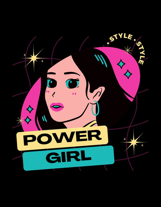 Egy határozott tekintetű női arckép, modern stílusban megalkotva, rózsaszín és kék árnyalatokkal kiemelve. A design központi elemeként "POWER GIRL" felirat tűnik fel, sugárzó csillagokkal körülvéve, ami erőt és magabiztosságot kölcsönöz viselőjének. 