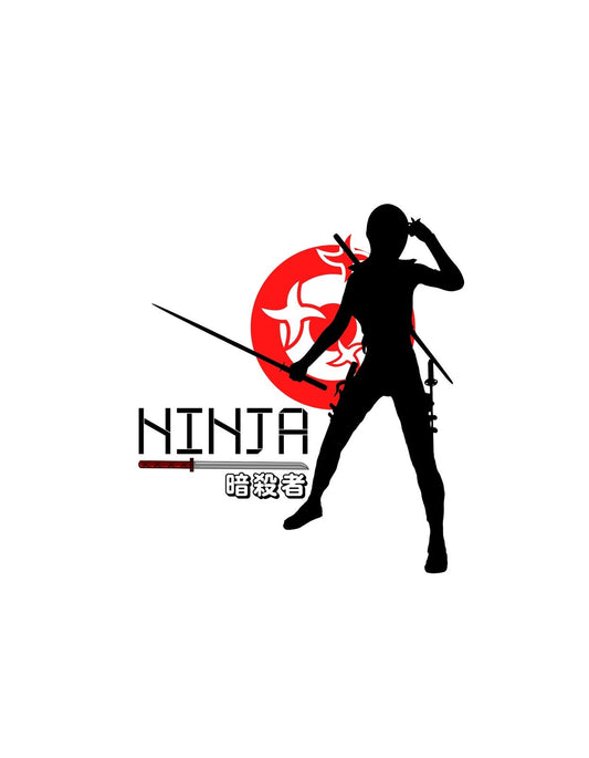 Egy dinamikus harcos ninja sziluettje tűnik elő egy ragyogó piros nap háttérből, kezében karddal és lenyűgöző pózban. Japán karakterekkel díszítve, egyesíti a keleti harcművészet eleganciáját a modern dizájn elemekkel. 