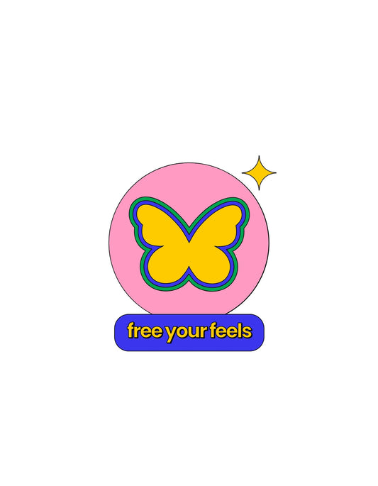Egy színes pillangó, amely egy rózsaszín körben helyezkedik el, csillagfényekkel és a "free your feels" felirattal alatta. 