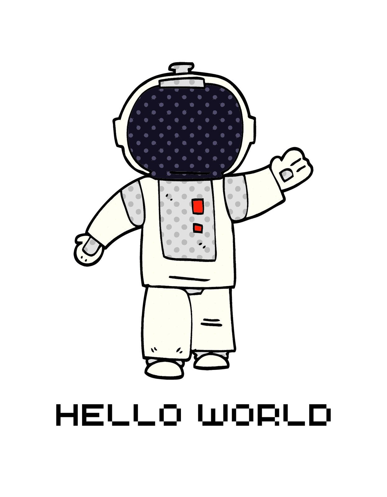 Egy vidám űrhajós figura köszönt az űrből, "HELLO WORLD" felirattal alul - a design szellemes és játékos. 