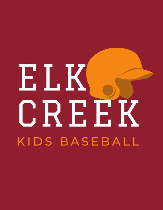Egy sárga baseball-sisak és a "Elk Creek KIDS BASEBALL" felirat látható borvörös alapon, amely kiemeli a sportos dinamizmust és csapat szellemet. 