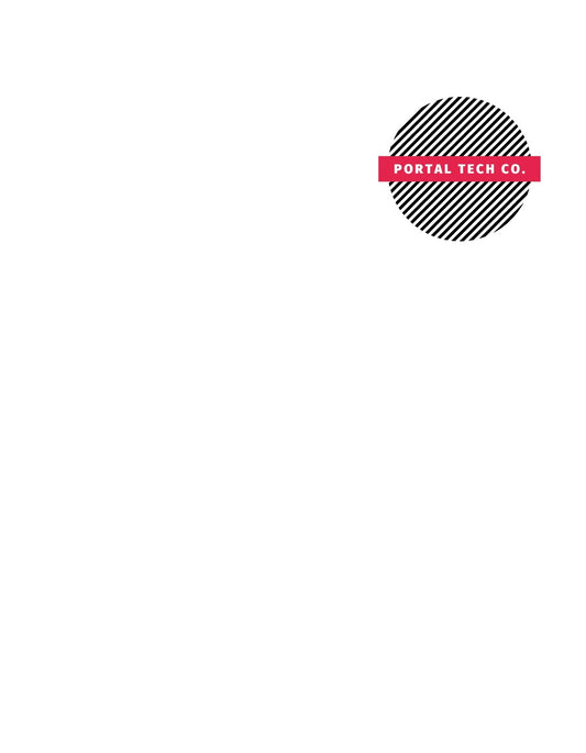 Egy modern, minimalista kialakítású grafika, ami egy fekete-fehér diagonális csíkokkal teli körből áll, egy piros színű téglalapban helyezkedik el a "PORTAL TECH CO." felirat. 