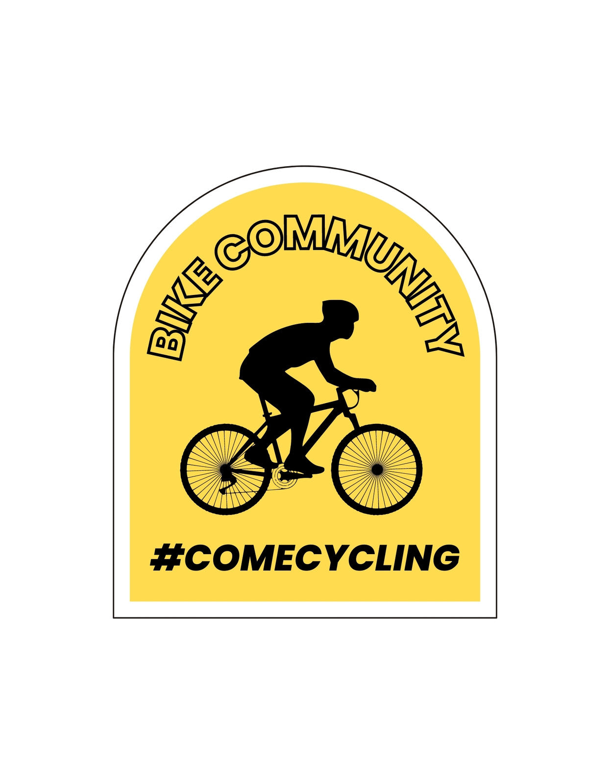 Egy dinamikus kerékpáros sziluettje látható, amint lendületesen pedáloz, körülötte a "Bike Community" és a "#COMECYCLING" szövegekkel, kiemelve a közösségi kerékpározás örömét és a sportos életmódot. 