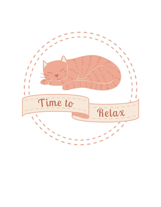 Egy békésen szundikáló narancssárga cica látható a képen, körülötte a "Time to Relax" felirattal. A dizájn megnyugtató hangulatot áraszt. 