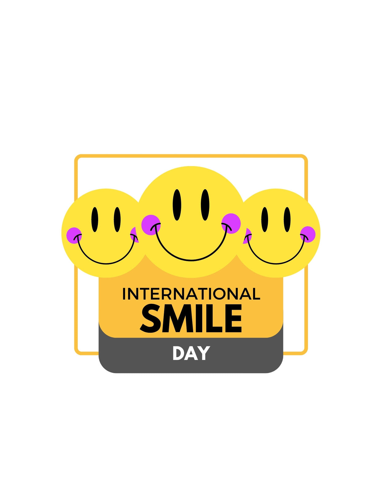 Három mosolygó emoji sorakozik egymás mellett, mindegyik lufit tart a szájában, és az "International Smile Day" felirat alatt helyezkednek el. 