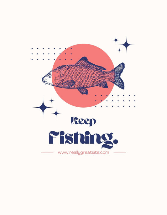 Egy stilizált hal grafikája, élénk narancssárga háttérrel és csillagokkal körülvéve, valamint a "Keep Fishing" felirat látható az alsó részen. 