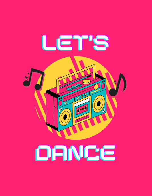 Egy élénk rózsaszín háttéren egy retro stílusú magnó és a "Let's Dance" felirat látható, amely egy energikus, táncra inspiráló hangulatot áraszt. 