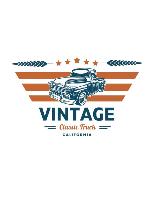 Egy klasszikus teherautó lendületes grafikája, amit régmúlt idők ihlettek és kiegészítenek a rétegzett háttér színeivel, melyben a "VINTAGE Classic Truck CALIFORNIA" felirat látható. 