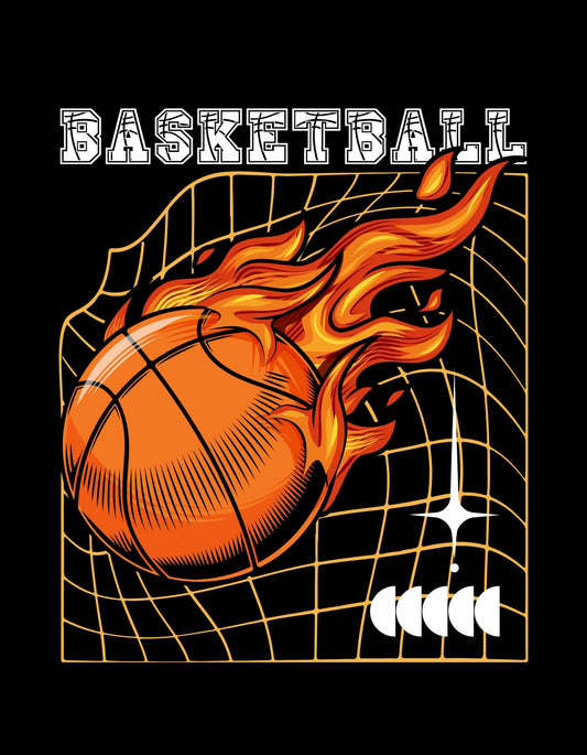 Egy lángralobbant kosárlabda lendületét ábrázoló grafika kapja el a tekintetet. A háttérben egy kosárhálót és a "BASKETBALL" feliratot látjuk, amely dinamikus hatást kölcsönöz az összképnek. 