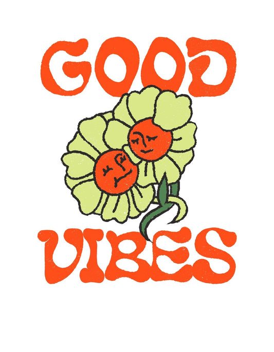 Napraforgók mosolygó arcokkal és a "GOOD VIBES" felirattal 