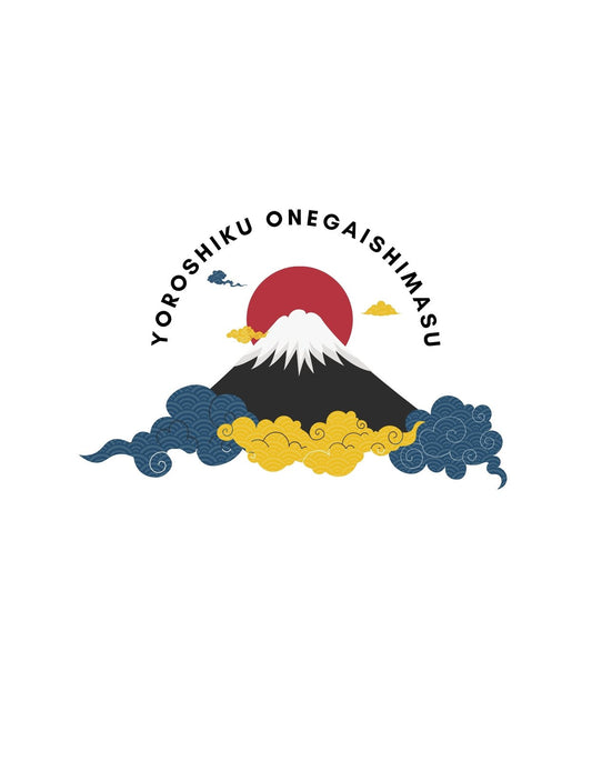 A Fuji-hegy ikonikus megjelenése, amelyet hagyományos japán hullám minták és felkelő nap vesz körül. "Yoroshiku Onegaishimasu" japán üdvözlés fonja keretbe a képet, szimbolizálva a köszöntést és tiszteletet. 