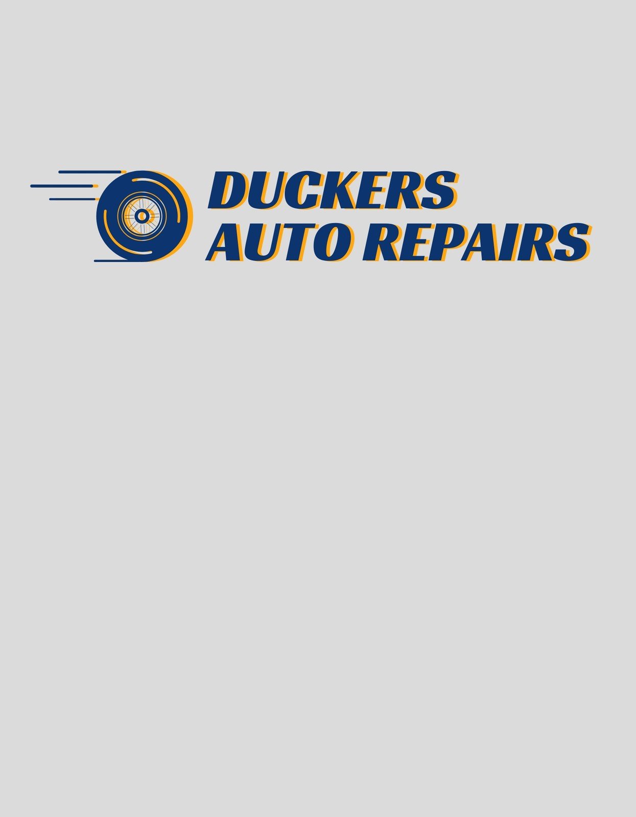 Egy kerék és az "DUCKERS AUTO REPAIRS" felirat látható dinamikus tervezéssel, amely sebességet és precíziós járműjavítást sugall. 