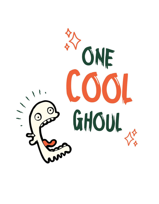 Egy vicces és stílusos szellemfigura látható a képen, aki kifejezésével és pózolásával önbizalmat és humorérzéket sugall. Az "ONE COOL GHOUL" felirat játékos és laza hangulatot kölcsönöz. 