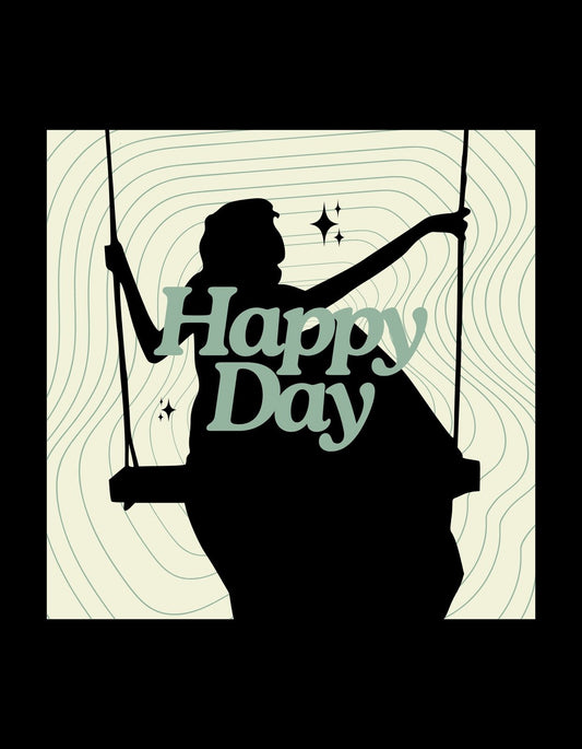 Egy hintán ülő sziluett látható az ábrán, modern és egyszerű vonalvezetéssel, a "Happy Day" felirattal a középpontban. A háttérben finom, hullámos vonalak hozzák meg a nyugodt hangulatot. 