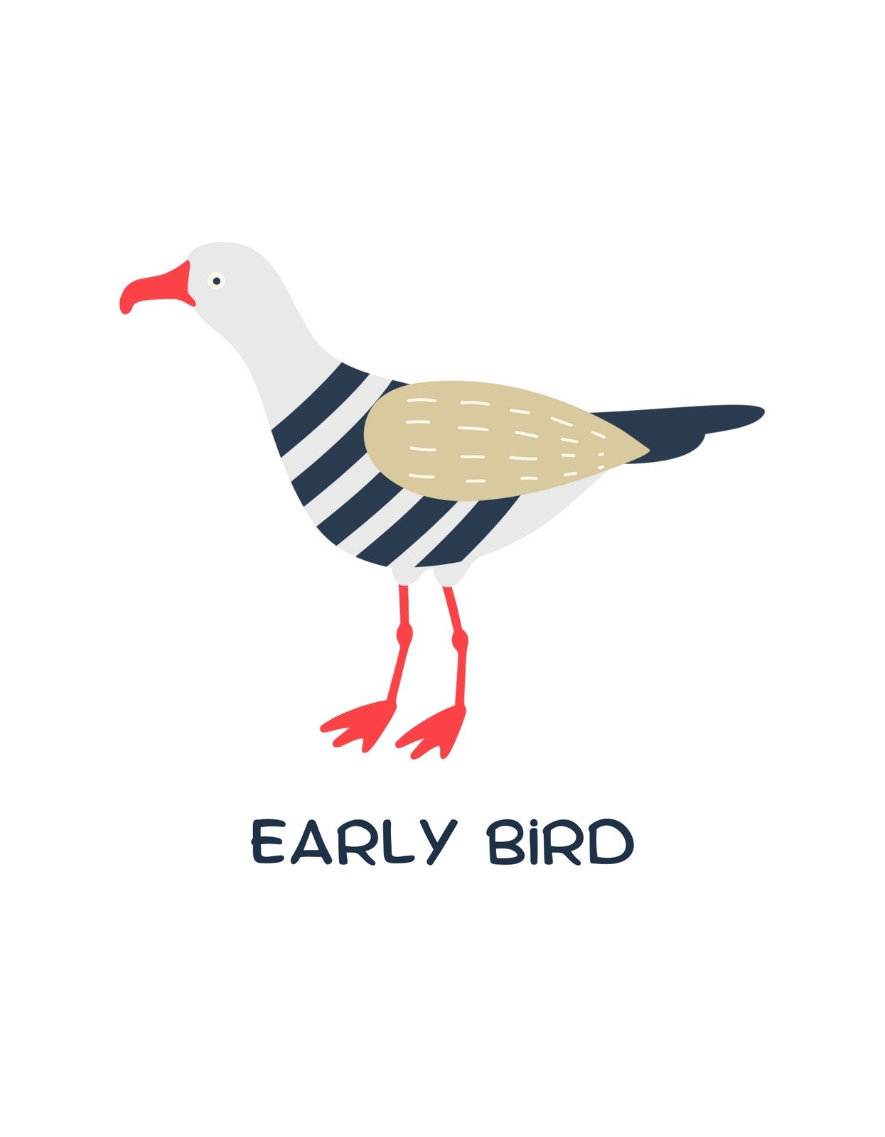 Egy stílusos, csíkos mintázatú sirály látható, amely modern, letisztult vonalvezetésével különleges megjelenést kölcsönöz. Alatta az "EARLY BIRD" felirat hangsúlyozza a koránkelők jelmondatát. 