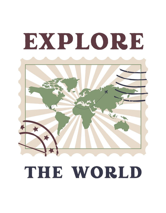 Egy világtérképet és az "Explore The World" feliratot látunk egy bélyegre emlékeztető dizájnban, mely utazási vágyat és felfedezés iránti szenvedélyt sugároz. 