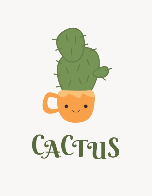 Vidám kaktusz minta van egy mosolygó csésze tetején, alatta a "CACTUS" felirat zöld betűkkel. 