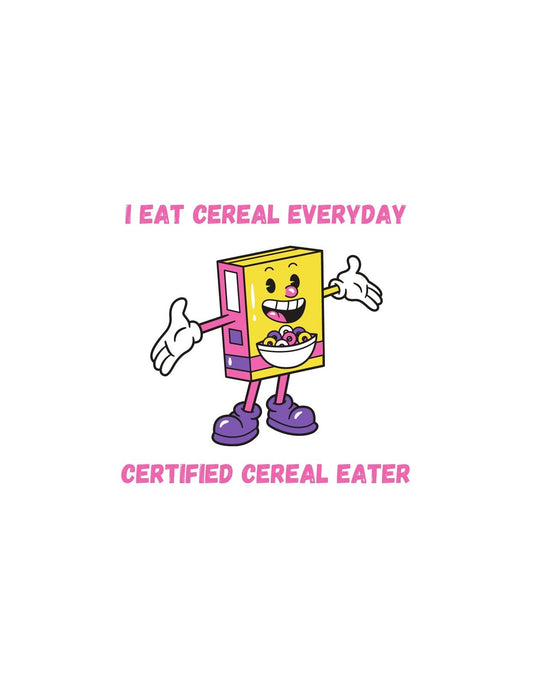 Egy mosolygó gabonapehely doboz figurát láthatunk, amint büszkén viseli a "CERTIFIED CEREAL EATER" feliratot és kezében gabonapelyhet tart, a felső részen "I EAT CEREAL EVERYDAY" szöveggel. 