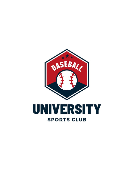 Egyedi baseball emblémás dizájn, jellegzetes színekben, amely egy baseball labdát ábrázol a 'Baseball University Sports Club' felirattal. 