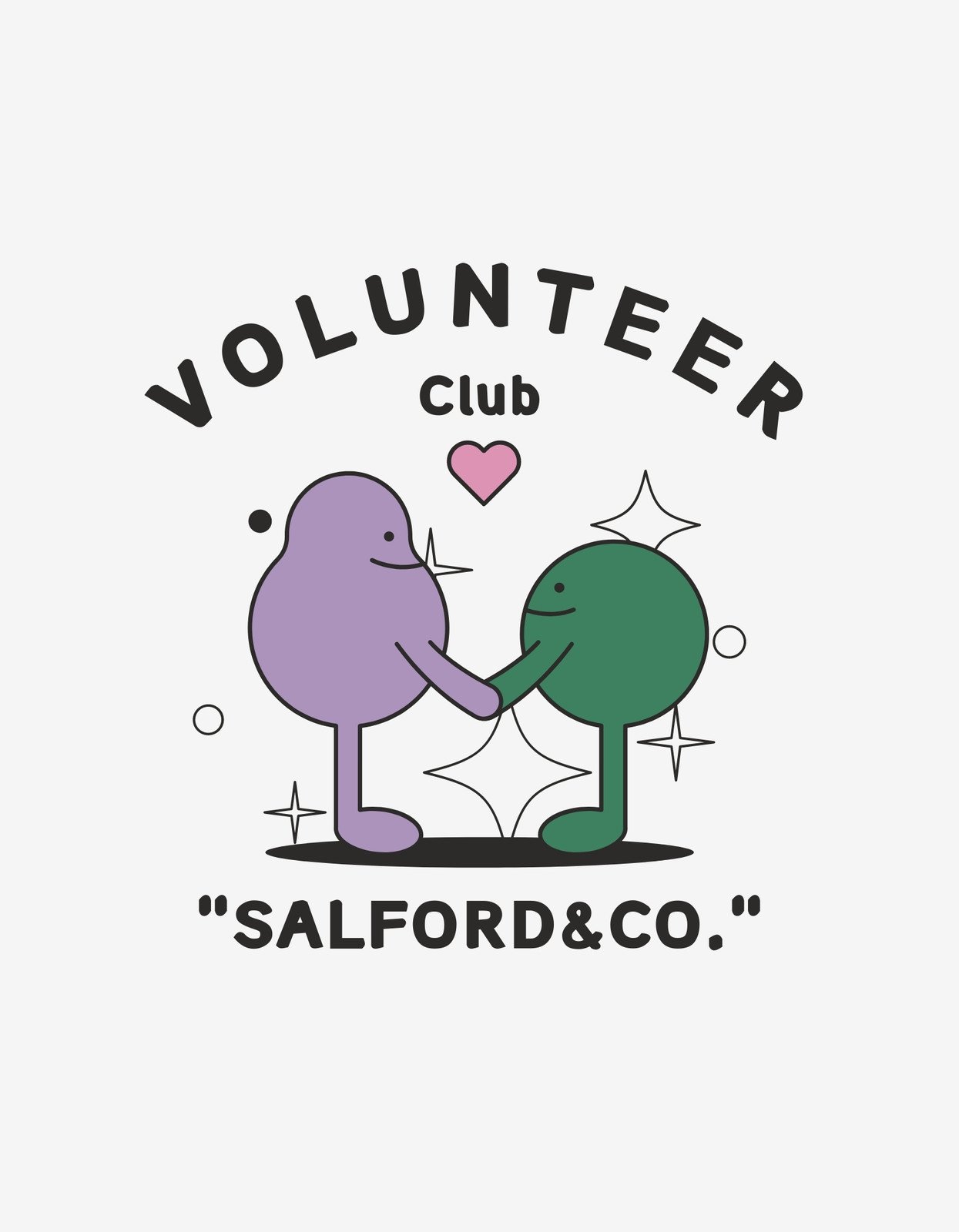 Egy kedves lila és zöld karaktert ábrázoló rajz, akik kezet fognak. A "Volunteer Club" szöveg és egy szív ikon kereti az egészet, alul a "Salford & Co." felirattal. 