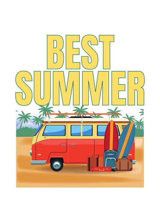 Egy vörös kisbusz látható, mely surfdeszkákkal és bőröndökkel felszerelt, egy trópusi tengerparti háttérrel, ahol pálmafák állnak. A design egy "Best Summer" felirattal egészül ki, ami a nyári kalandok és a szabadság érzetét kelti. 