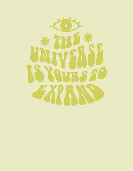 A minta egy szem központi eleme körül szerveződik, amely felett az "THE UNIVERSE IS YOURS TO EXPAND" szöveg olvasható formatört grafikával, ami a végtelen lehetőségek és a személyes növekedés üzenetét közvetíti. 