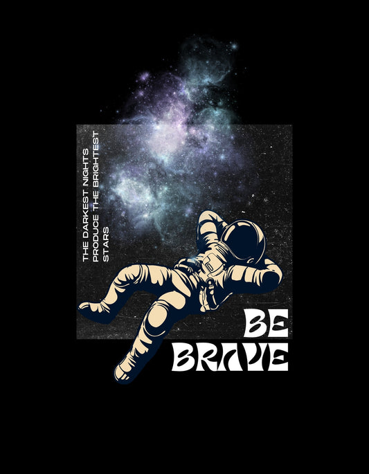Egy űrhajóst ábrázoló kép, aki a csillagok között lebeg, mellette inspiráló szöveggel: "The darkest nights produce the brightest stars" és "Be Brave". 