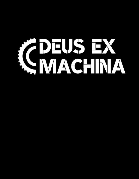 Egy letisztult, fekete alapon fehér feliratot viselő tervezés, ahol a "DEUS EX MACHINA" szöveg kiemelkedik egy fogaskerék részleteivel megtörve. 